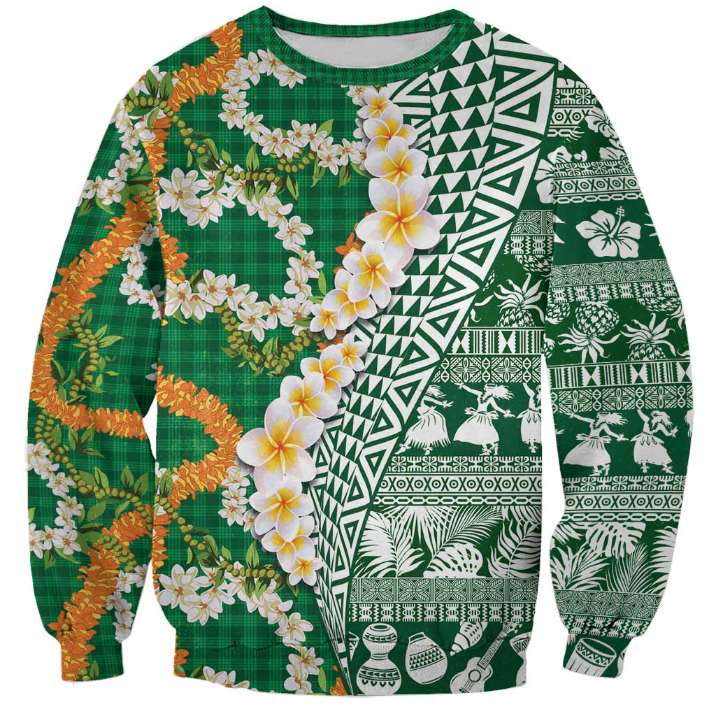 Hawaiian Plumeria Lei Sweatshirt Kakau Motifs and Palaka Half Style Green Color - Polynesian Pride