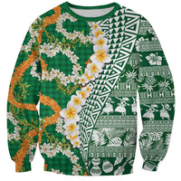 Hawaiian Plumeria Lei Sweatshirt Kakau Motifs and Palaka Half Style Green Color - Polynesian Pride