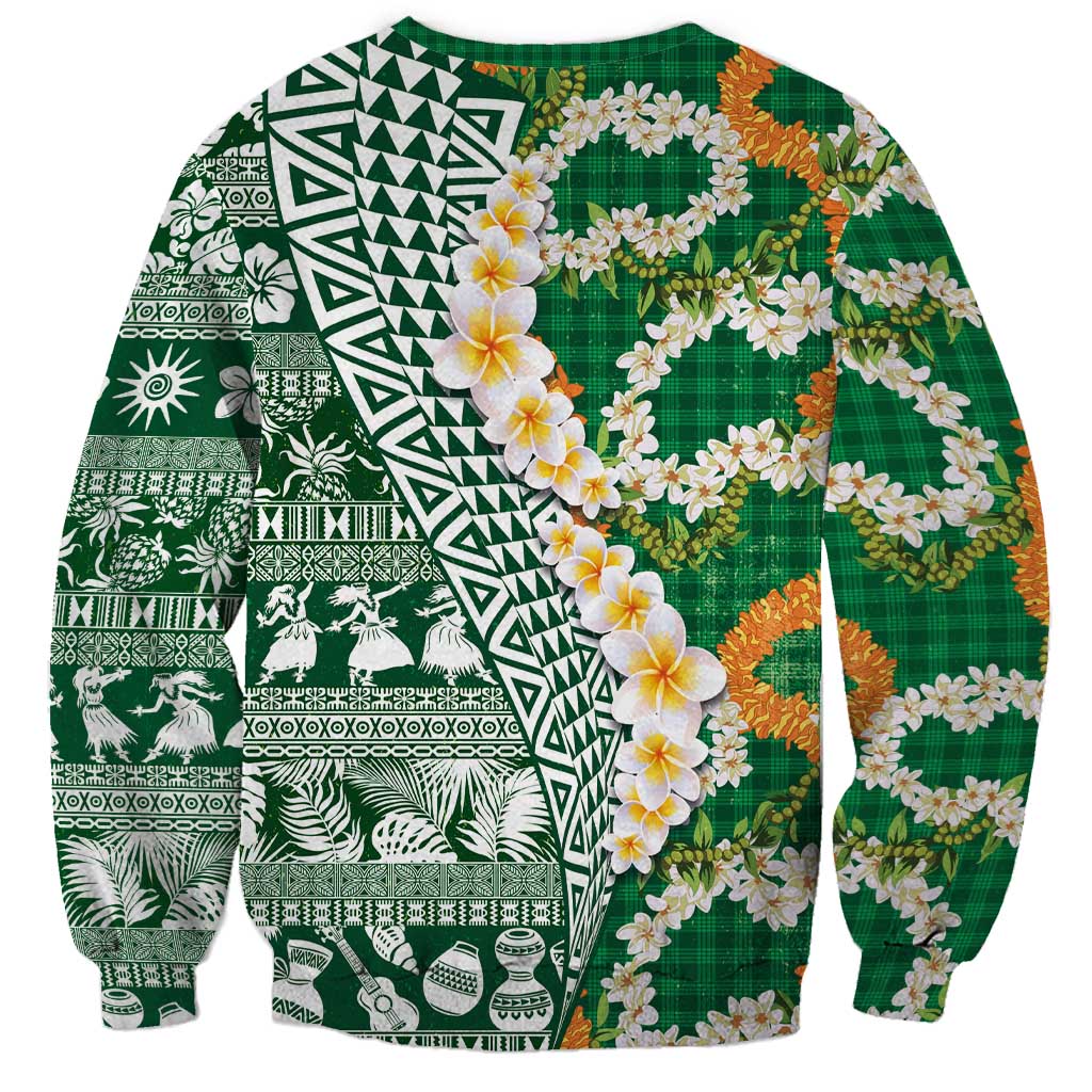 Hawaiian Plumeria Lei Sweatshirt Kakau Motifs and Palaka Half Style Green Color - Polynesian Pride
