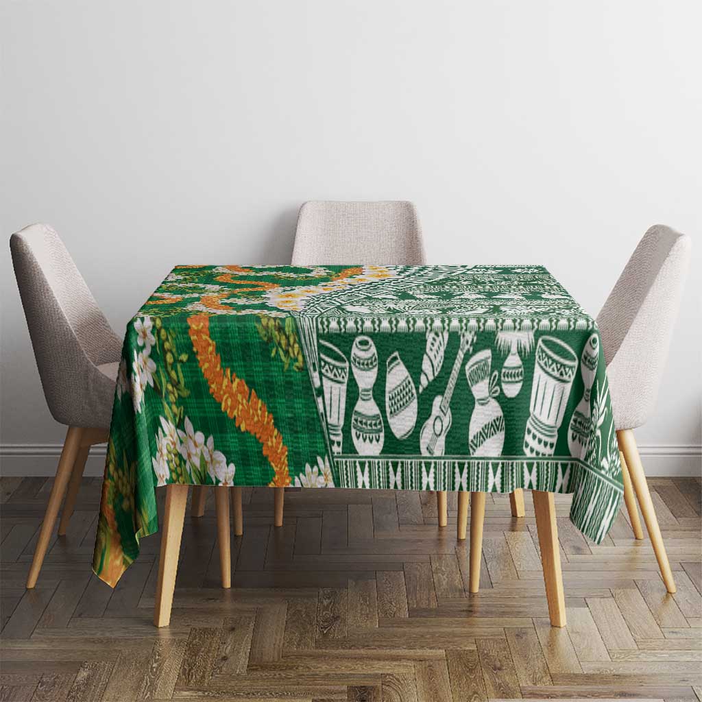 Hawaiian Plumeria Lei Tablecloth Kakau Motifs and Palaka Half Style Green Color - Polynesian Pride