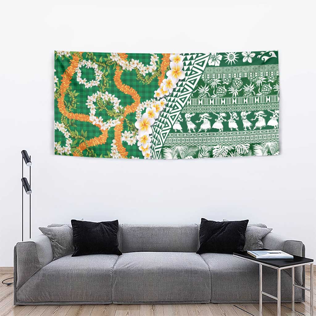 Hawaiian Plumeria Lei Tapestry Kakau Motifs and Palaka Half Style Green Color - Polynesian Pride