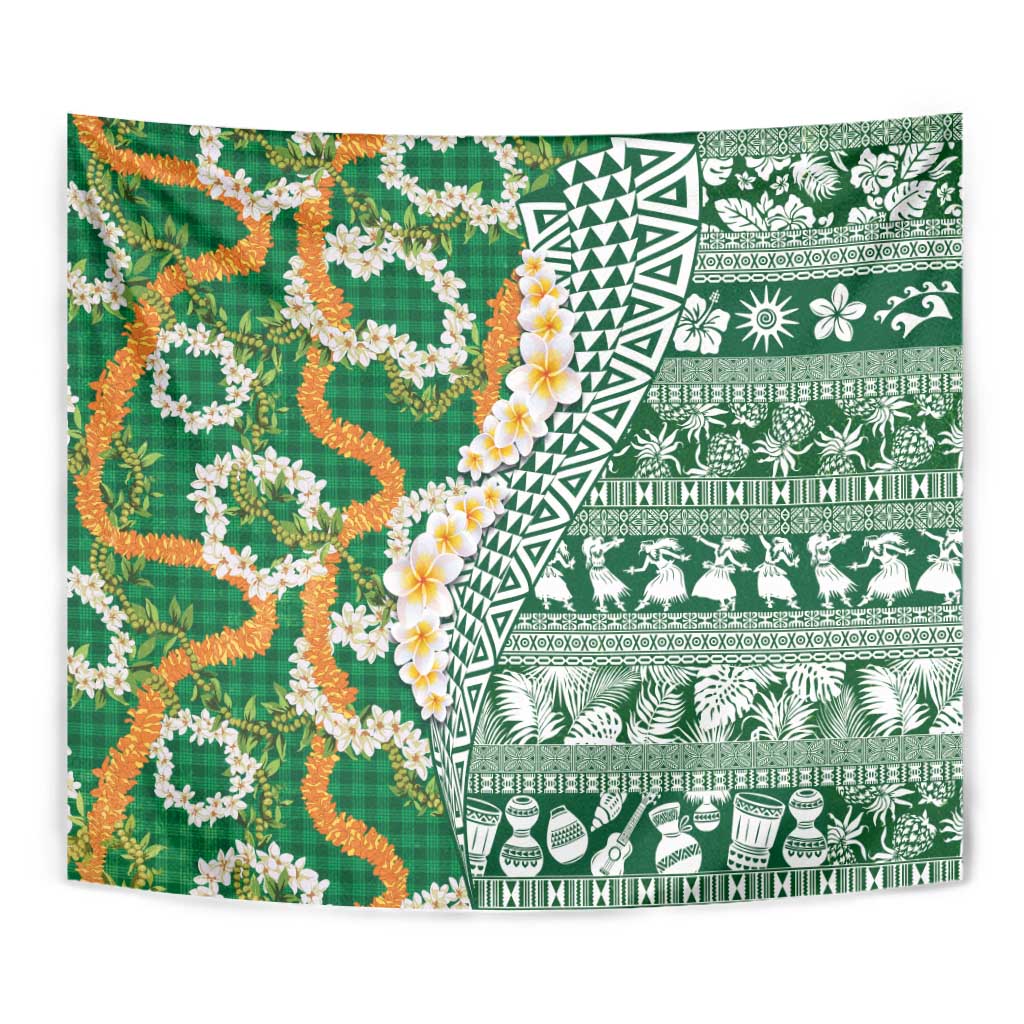 Hawaiian Plumeria Lei Tapestry Kakau Motifs and Palaka Half Style Green Color - Polynesian Pride