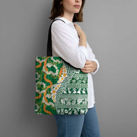 Hawaiian Plumeria Lei Tote Bag Kakau Motifs and Palaka Half Style Green Color - Polynesian Pride