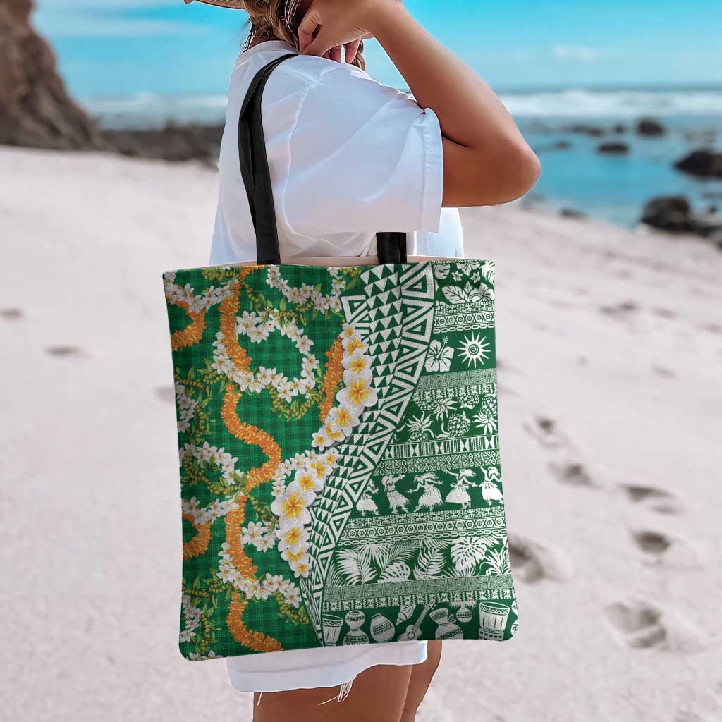 Hawaiian Plumeria Lei Tote Bag Kakau Motifs and Palaka Half Style Green Color - Polynesian Pride