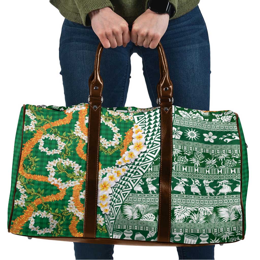 Hawaiian Plumeria Lei Travel Bag Kakau Motifs and Palaka Half Style Green Color - Polynesian Pride