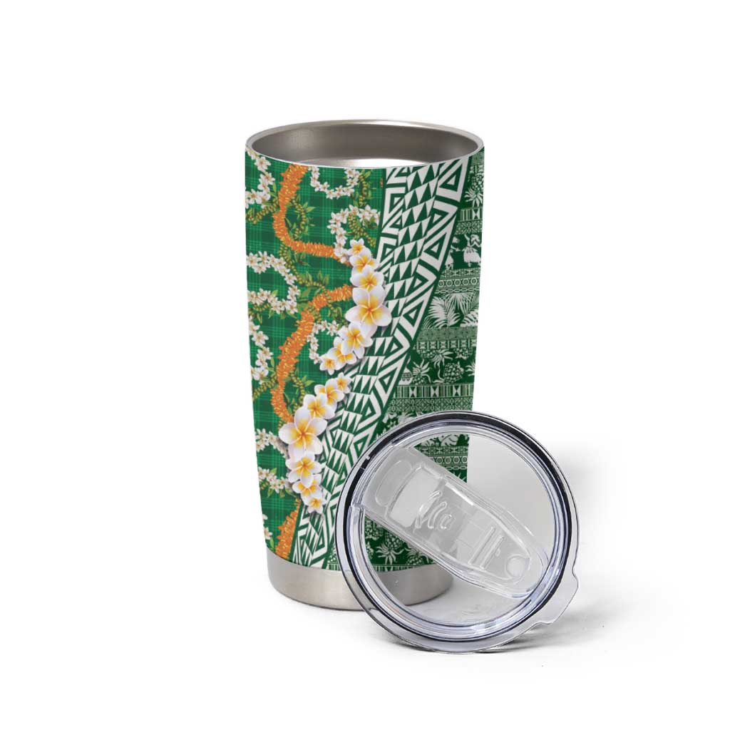 Hawaiian Plumeria Lei Tumbler Cup Kakau Motifs and Palaka Half Style Green Color - Polynesian Pride