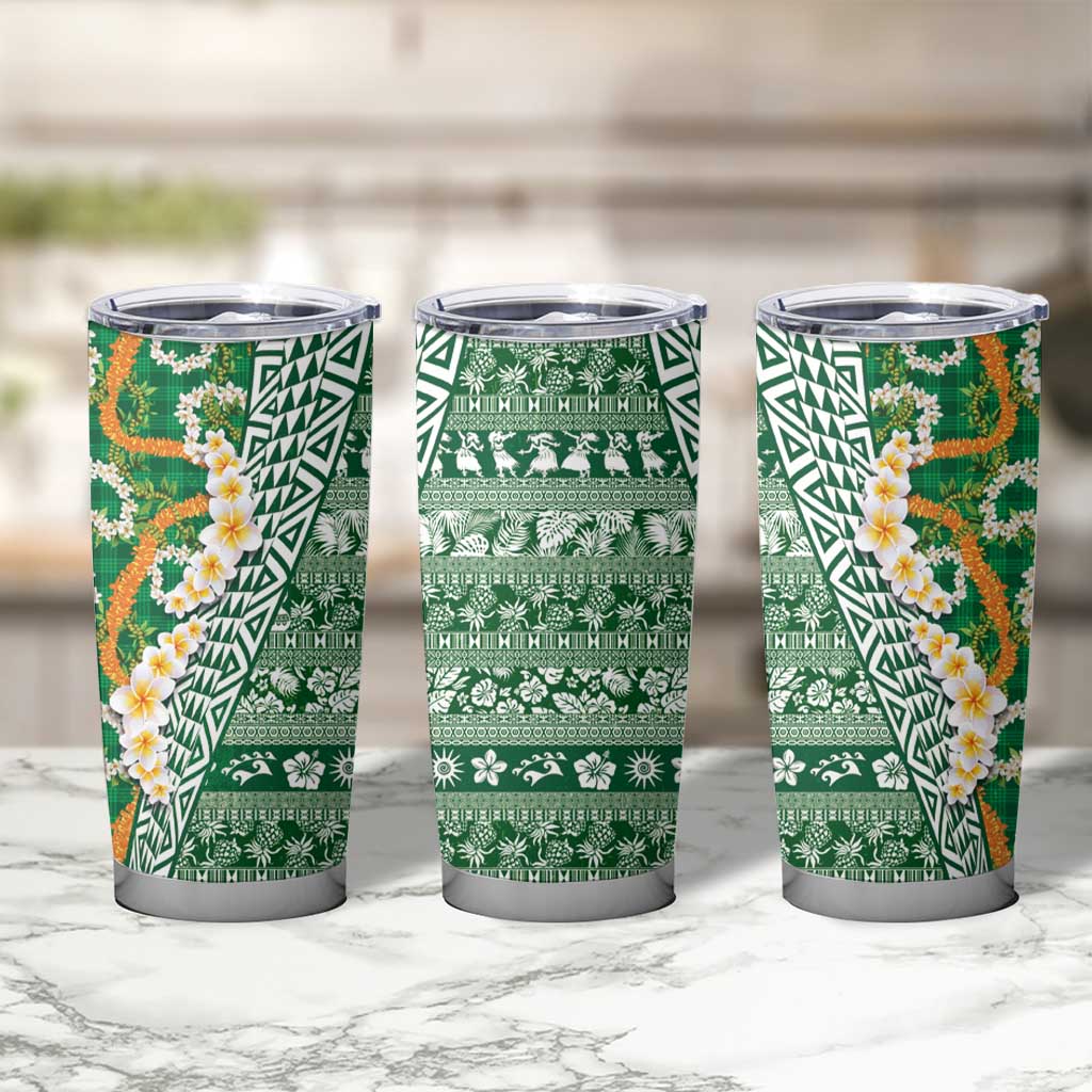 Hawaiian Plumeria Lei Tumbler Cup Kakau Motifs and Palaka Half Style Green Color - Polynesian Pride