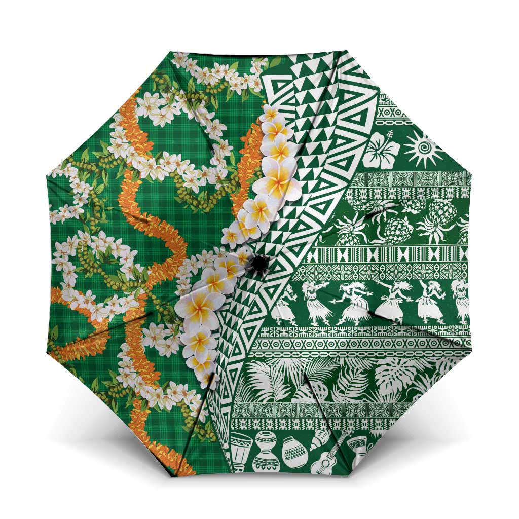 Hawaiian Plumeria Lei Umbrella Kakau Motifs and Palaka Half Style Green Color - Polynesian Pride