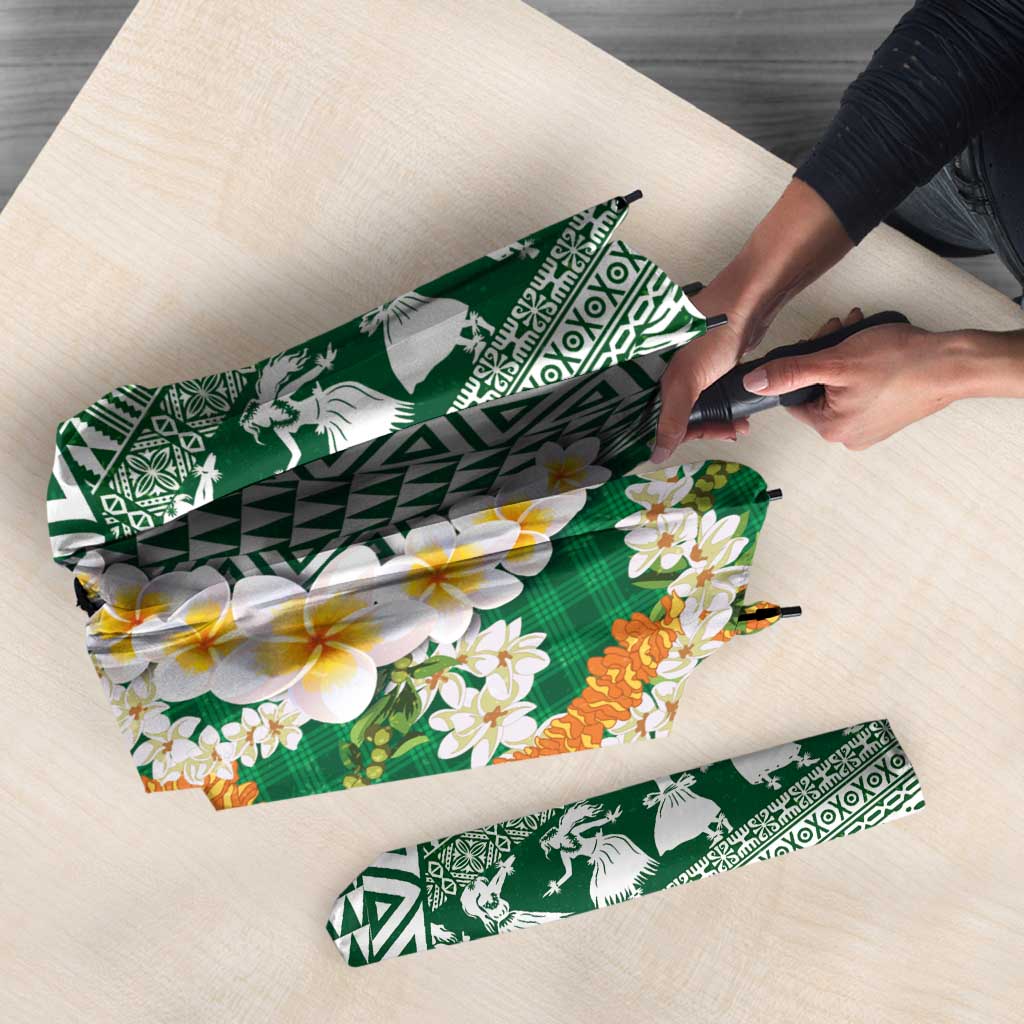 Hawaiian Plumeria Lei Umbrella Kakau Motifs and Palaka Half Style Green Color - Polynesian Pride