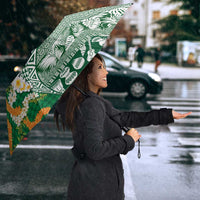 Hawaiian Plumeria Lei Umbrella Kakau Motifs and Palaka Half Style Green Color - Polynesian Pride