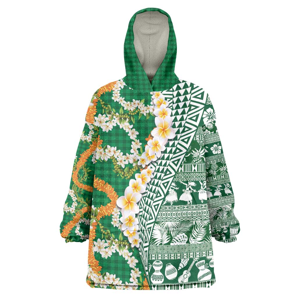 Hawaiian Plumeria Lei Wearable Blanket Hoodie Kakau Motifs and Palaka Half Style Green Color LT03 One Size Green - Polynesian Pride