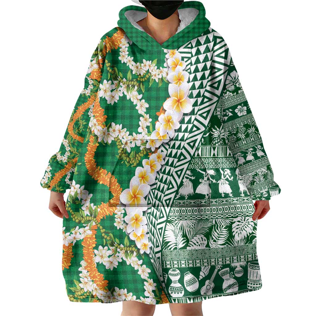 Hawaiian Plumeria Lei Wearable Blanket Hoodie Kakau Motifs and Palaka Half Style Green Color - Polynesian Pride