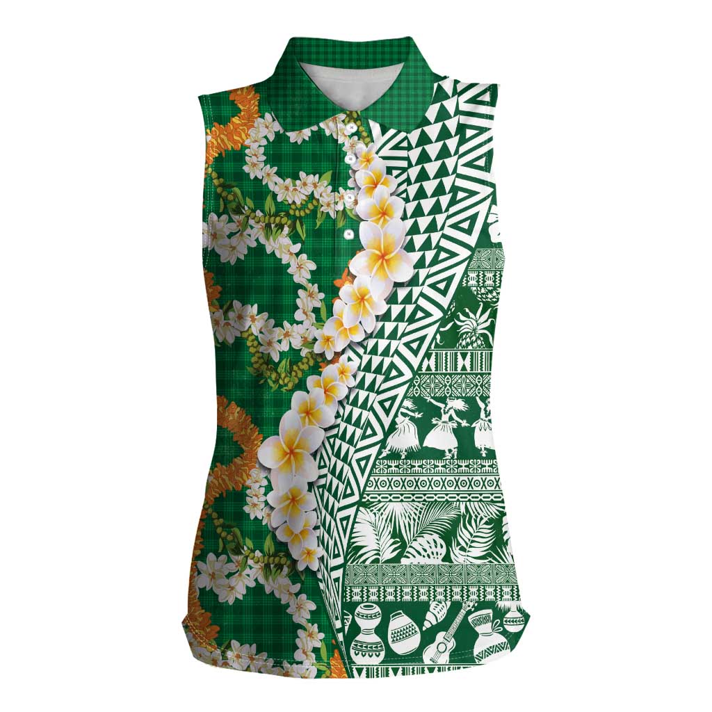 Hawaiian Plumeria Lei Women Sleeveless Polo Shirt Kakau Motifs and Palaka Half Style Green Color - Polynesian Pride