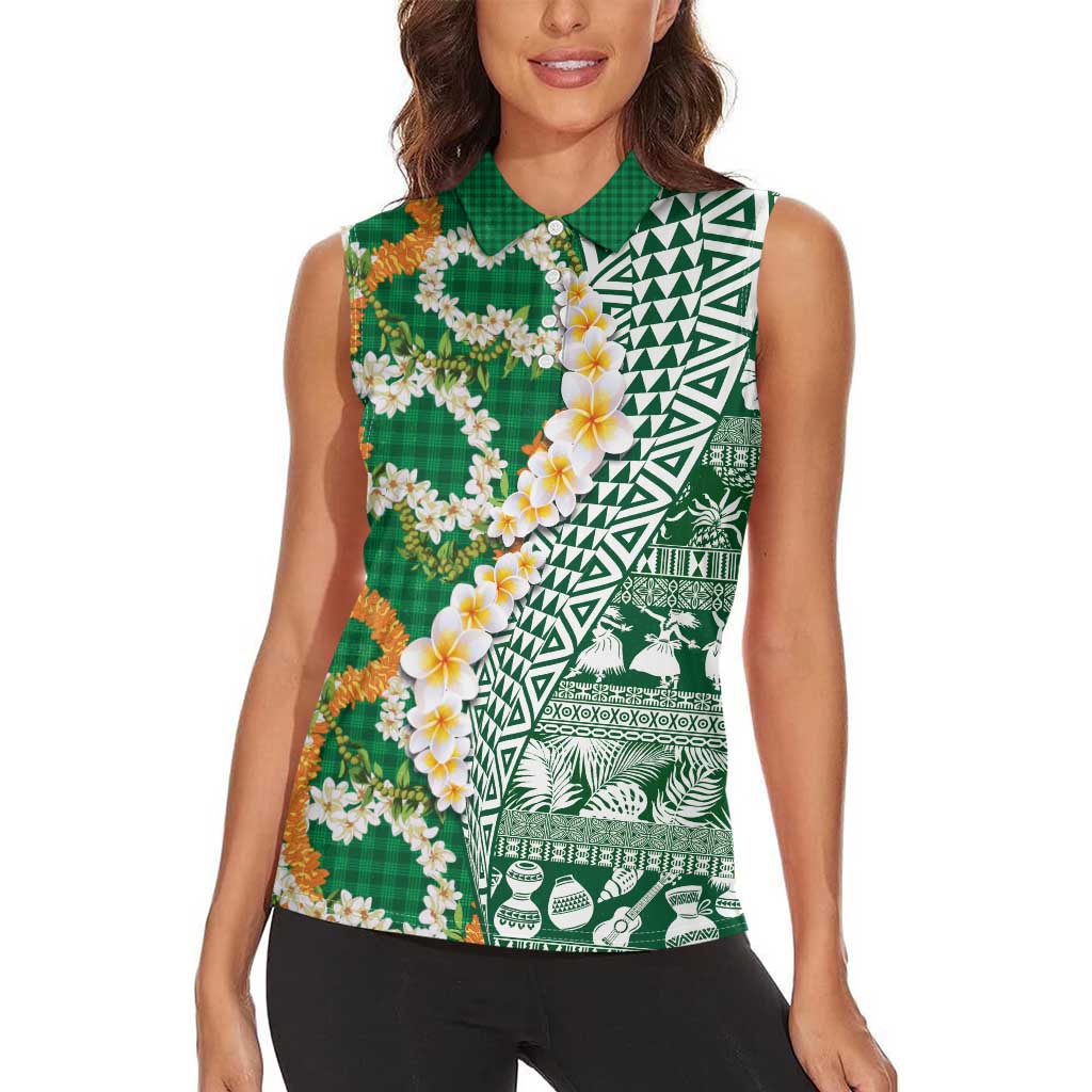 Hawaiian Plumeria Lei Women Sleeveless Polo Shirt Kakau Motifs and Palaka Half Style Green Color - Polynesian Pride
