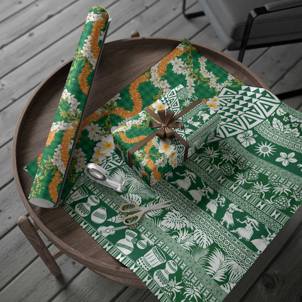 Hawaiian Plumeria Lei Wrapping Paper Kakau Motifs and Palaka Half Style Green Color - Polynesian Pride