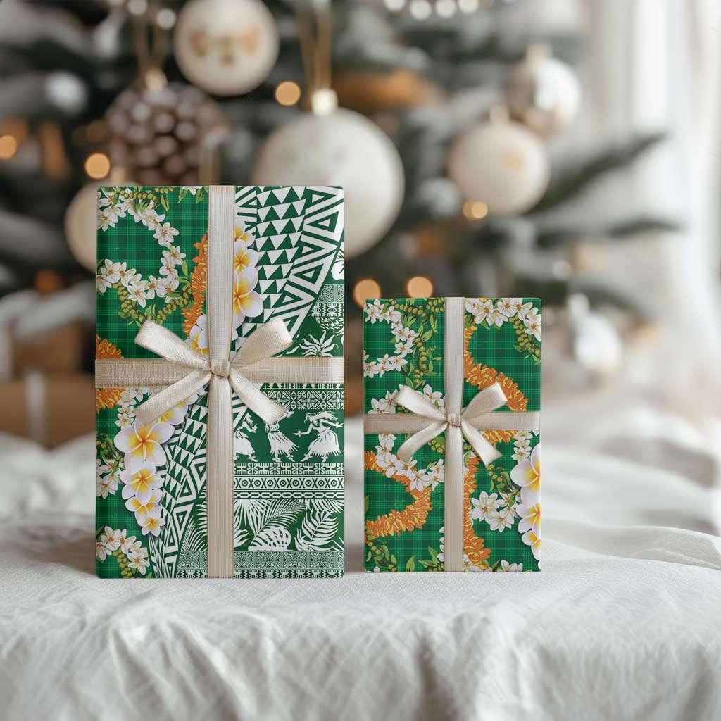 Hawaiian Plumeria Lei Wrapping Paper Kakau Motifs and Palaka Half Style Green Color - Polynesian Pride
