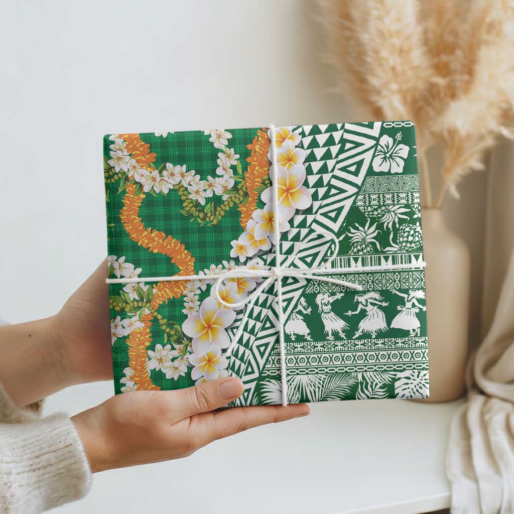 Hawaiian Plumeria Lei Wrapping Paper Kakau Motifs and Palaka Half Style Green Color - Polynesian Pride