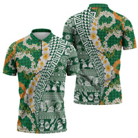 Hawaiian Plumeria Lei Zipper Polo Shirt Kakau Motifs and Palaka Half Style Green Color - Polynesian Pride