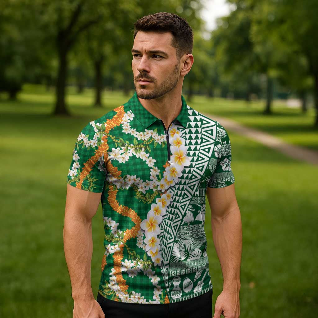 Hawaiian Plumeria Lei Zipper Polo Shirt Kakau Motifs and Palaka Half Style Green Color - Polynesian Pride