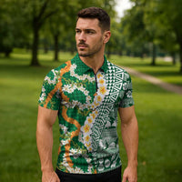 Hawaiian Plumeria Lei Zipper Polo Shirt Kakau Motifs and Palaka Half Style Green Color - Polynesian Pride