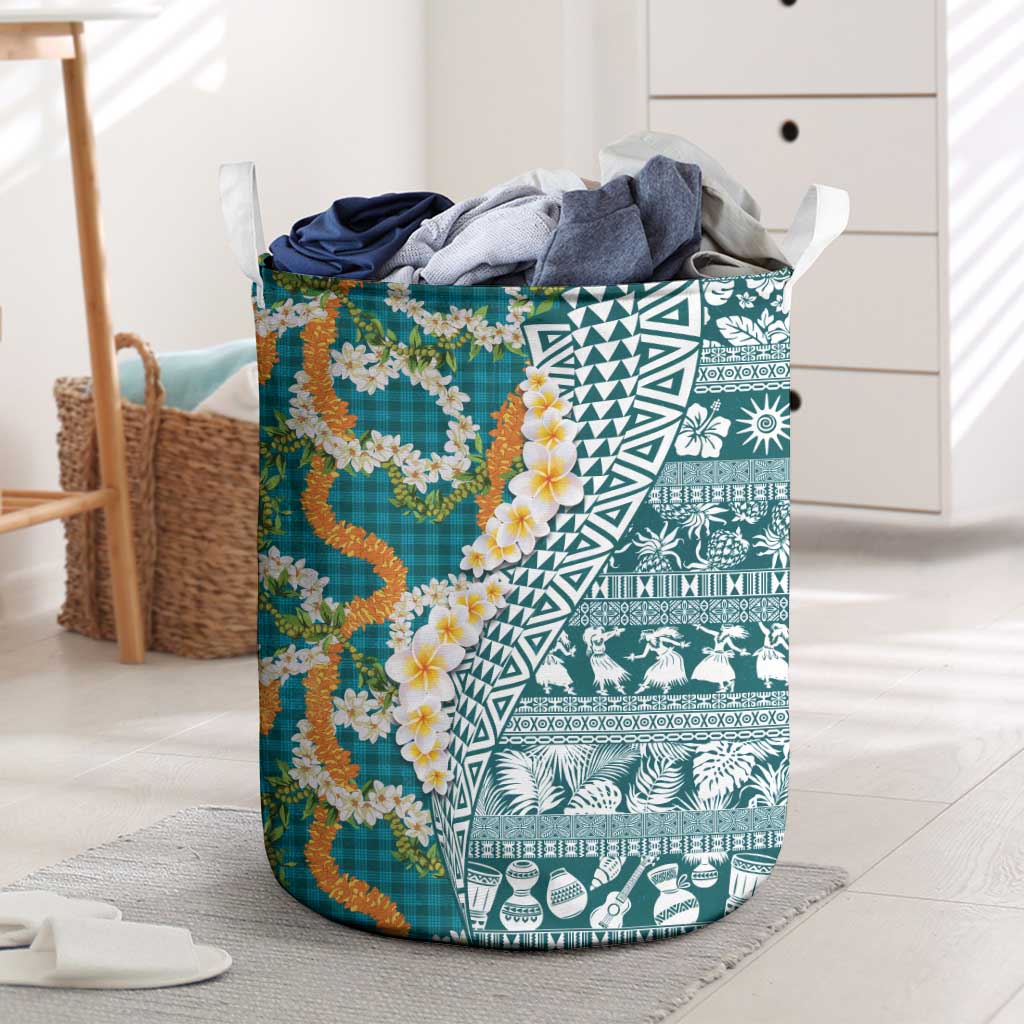 Hawaiian Plumeria Lei Laundry Basket Kakau Motifs and Palaka Half Style Turquoise Color LT03 Turquoise - Polynesian Pride