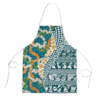 Hawaiian Plumeria Lei Apron Kakau Motifs and Palaka Half Style Turquoise Color LT03 Turquoise - Polynesian Pride