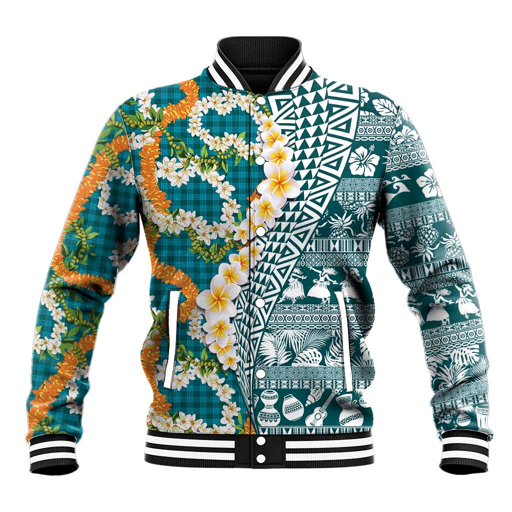 Hawaiian Plumeria Lei Baseball Jacket Kakau Motifs and Palaka Half Style Turquoise Color - Polynesian Pride