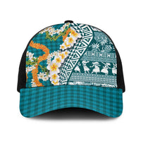 Hawaiian Plumeria Lei Baseball Net Cap Kakau Motifs and Palaka Half Style Turquoise Color - Polynesian Pride