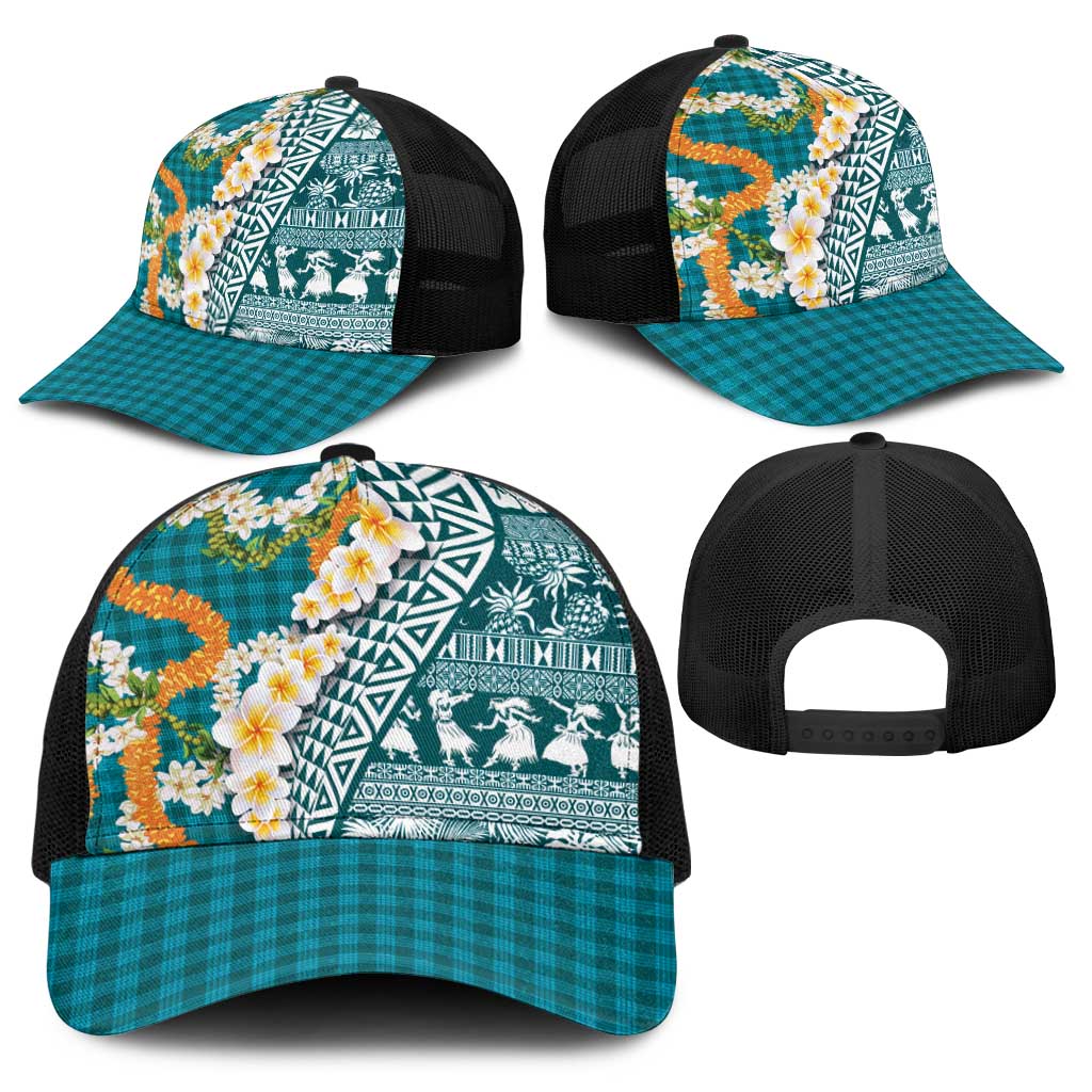Hawaiian Plumeria Lei Baseball Net Cap Kakau Motifs and Palaka Half Style Turquoise Color - Polynesian Pride