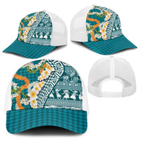 Hawaiian Plumeria Lei Baseball Net Cap Kakau Motifs and Palaka Half Style Turquoise Color - Polynesian Pride
