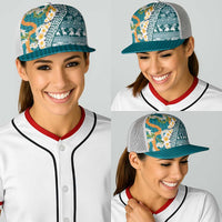 Hawaiian Plumeria Lei Baseball Net Cap Kakau Motifs and Palaka Half Style Turquoise Color - Polynesian Pride