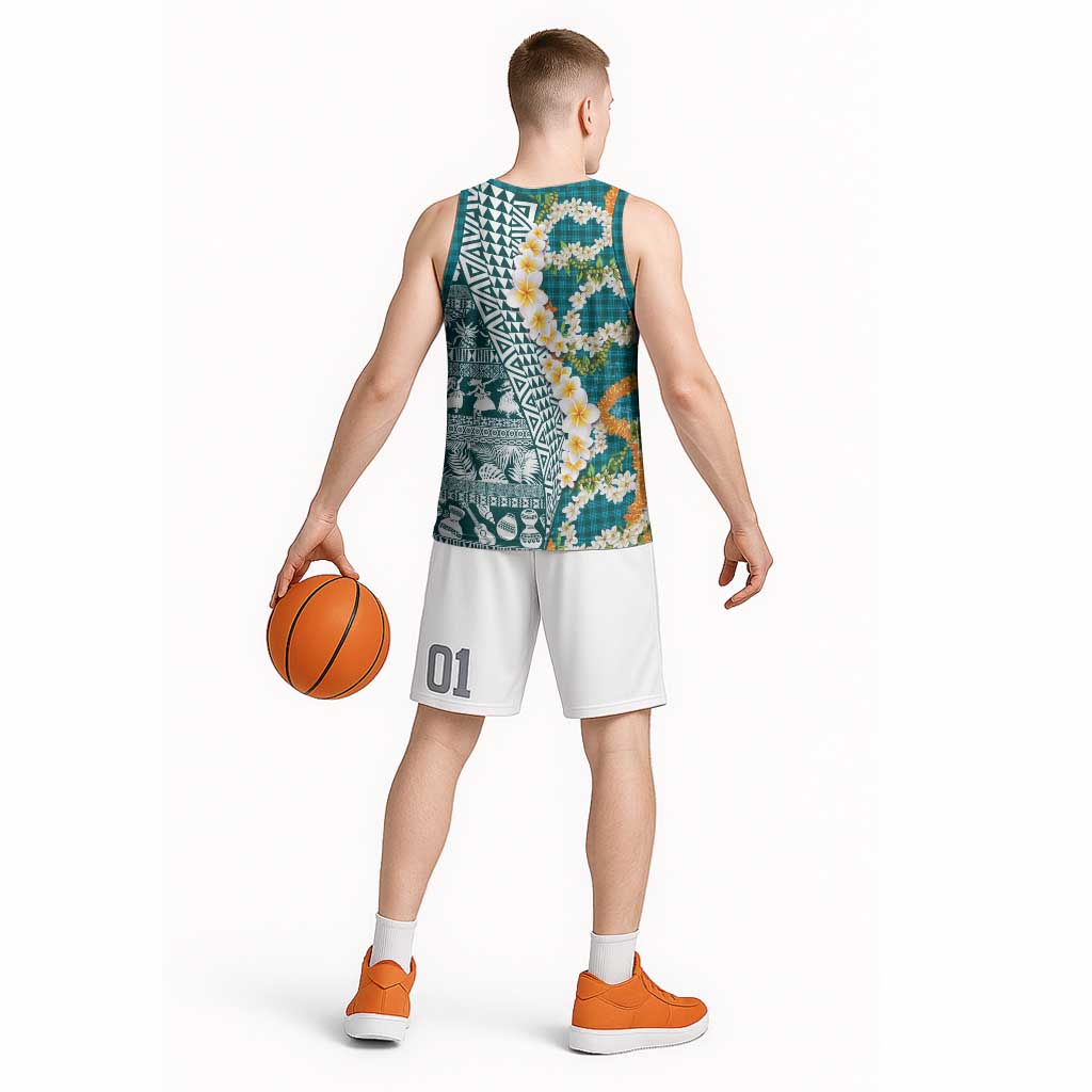 Hawaiian Plumeria Lei Basketball Jersey Kakau Motifs and Palaka Half Style Turquoise Color - Polynesian Pride