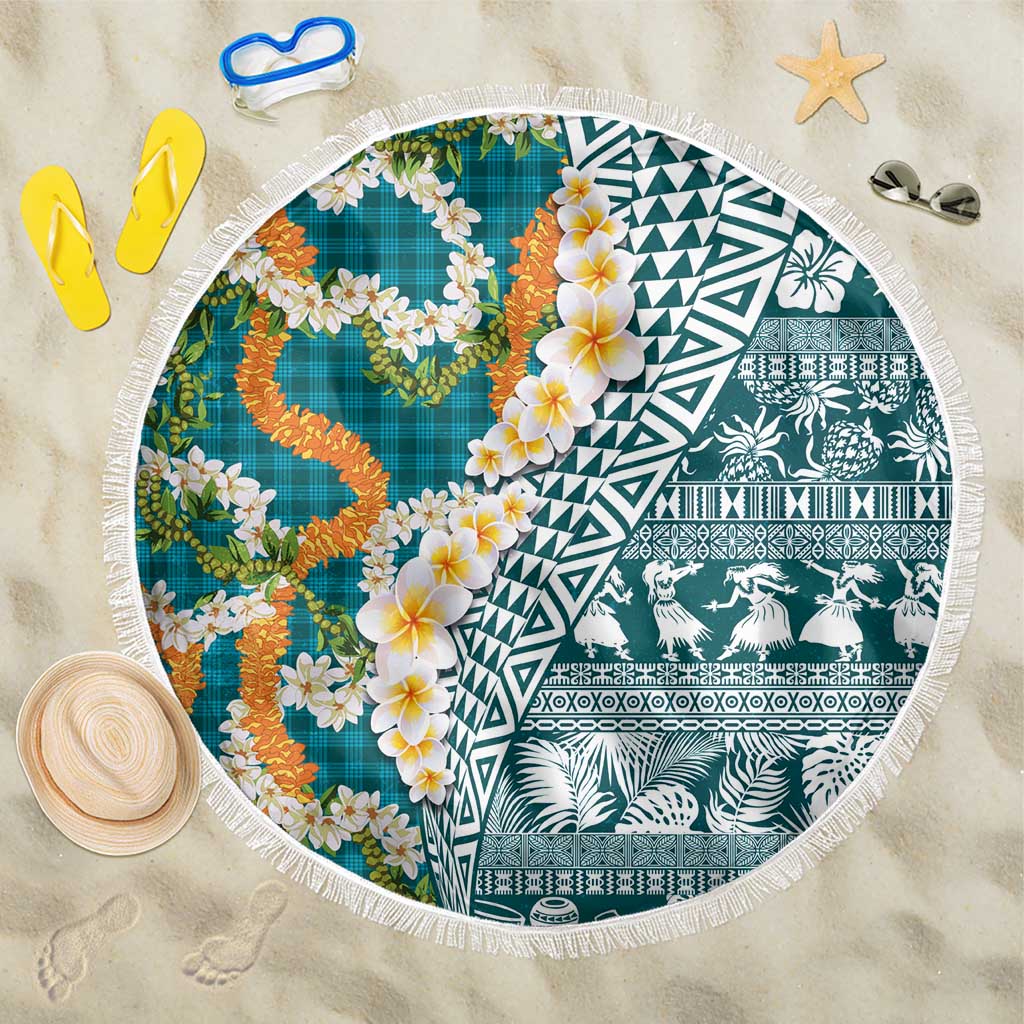 Hawaiian Plumeria Lei Beach Blanket Kakau Motifs and Palaka Half Style Turquoise Color - Polynesian Pride