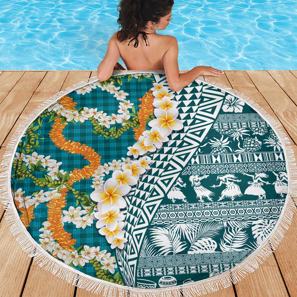 Hawaiian Plumeria Lei Beach Blanket Kakau Motifs and Palaka Half Style Turquoise Color LT03 - Polynesian Pride