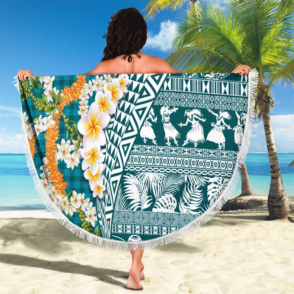 Hawaiian Plumeria Lei Beach Blanket Kakau Motifs and Palaka Half Style Turquoise Color LT03 - Polynesian Pride