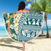 Hawaiian Plumeria Lei Beach Blanket Kakau Motifs and Palaka Half Style Turquoise Color LT03 - Polynesian Pride