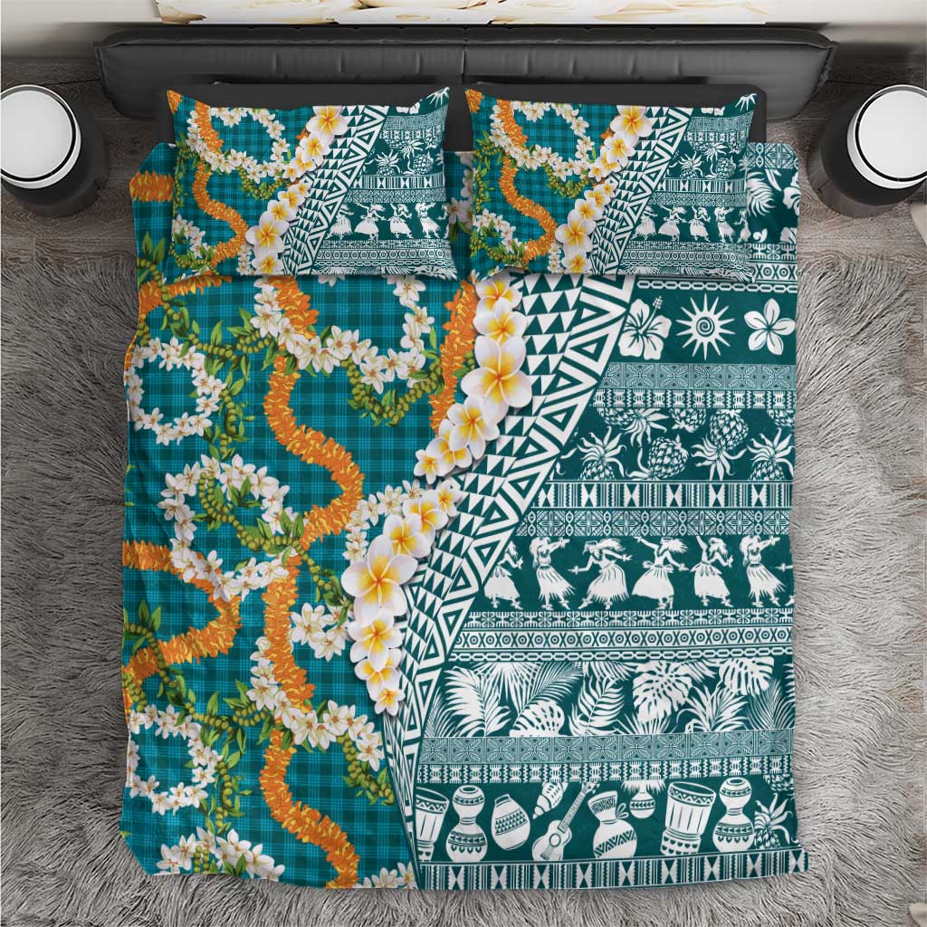 Hawaiian Plumeria Lei Bedding Set Kakau Motifs and Palaka Half Style Turquoise Color - Polynesian Pride