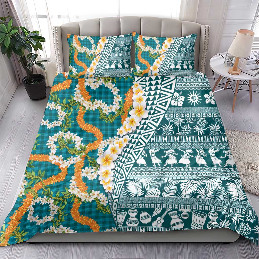 Hawaiian Plumeria Lei Bedding Set Kakau Motifs and Palaka Half Style Turquoise Color LT03 - Polynesian Pride