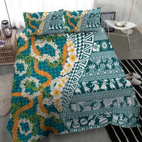Hawaiian Plumeria Lei Bedding Set Kakau Motifs and Palaka Half Style Turquoise Color LT03 - Polynesian Pride