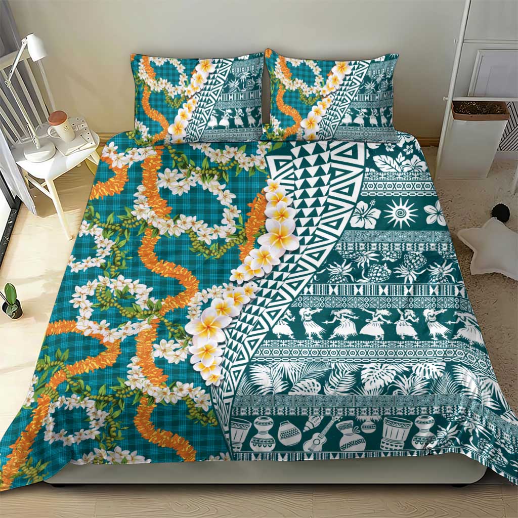 Hawaiian Plumeria Lei Bedding Set Kakau Motifs and Palaka Half Style Turquoise Color LT03 - Polynesian Pride