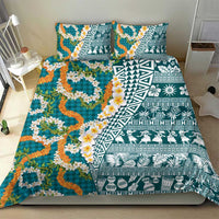 Hawaiian Plumeria Lei Bedding Set Kakau Motifs and Palaka Half Style Turquoise Color LT03 - Polynesian Pride