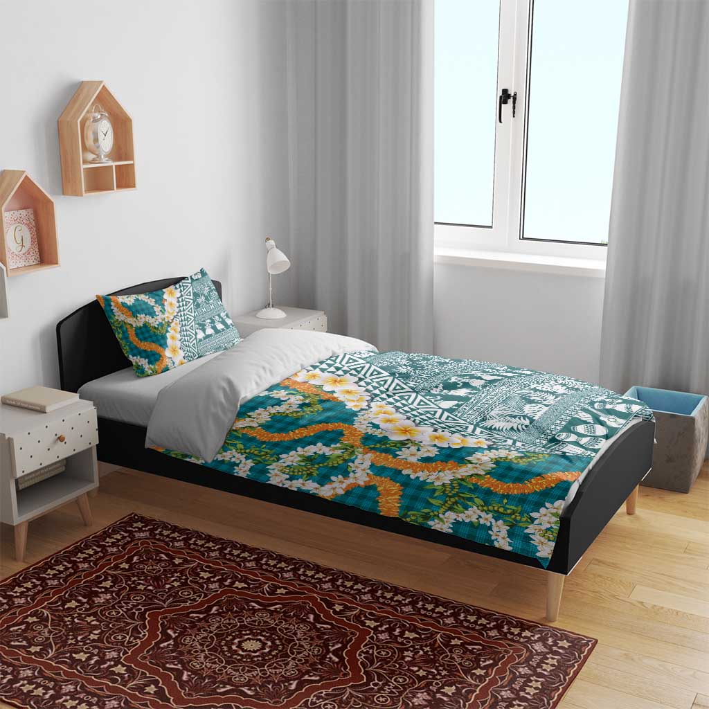 Hawaiian Plumeria Lei Bedding Set Kakau Motifs and Palaka Half Style Turquoise Color LT03 - Polynesian Pride