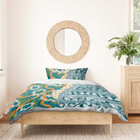 Hawaiian Plumeria Lei Bedding Set Kakau Motifs and Palaka Half Style Turquoise Color LT03 - Polynesian Pride