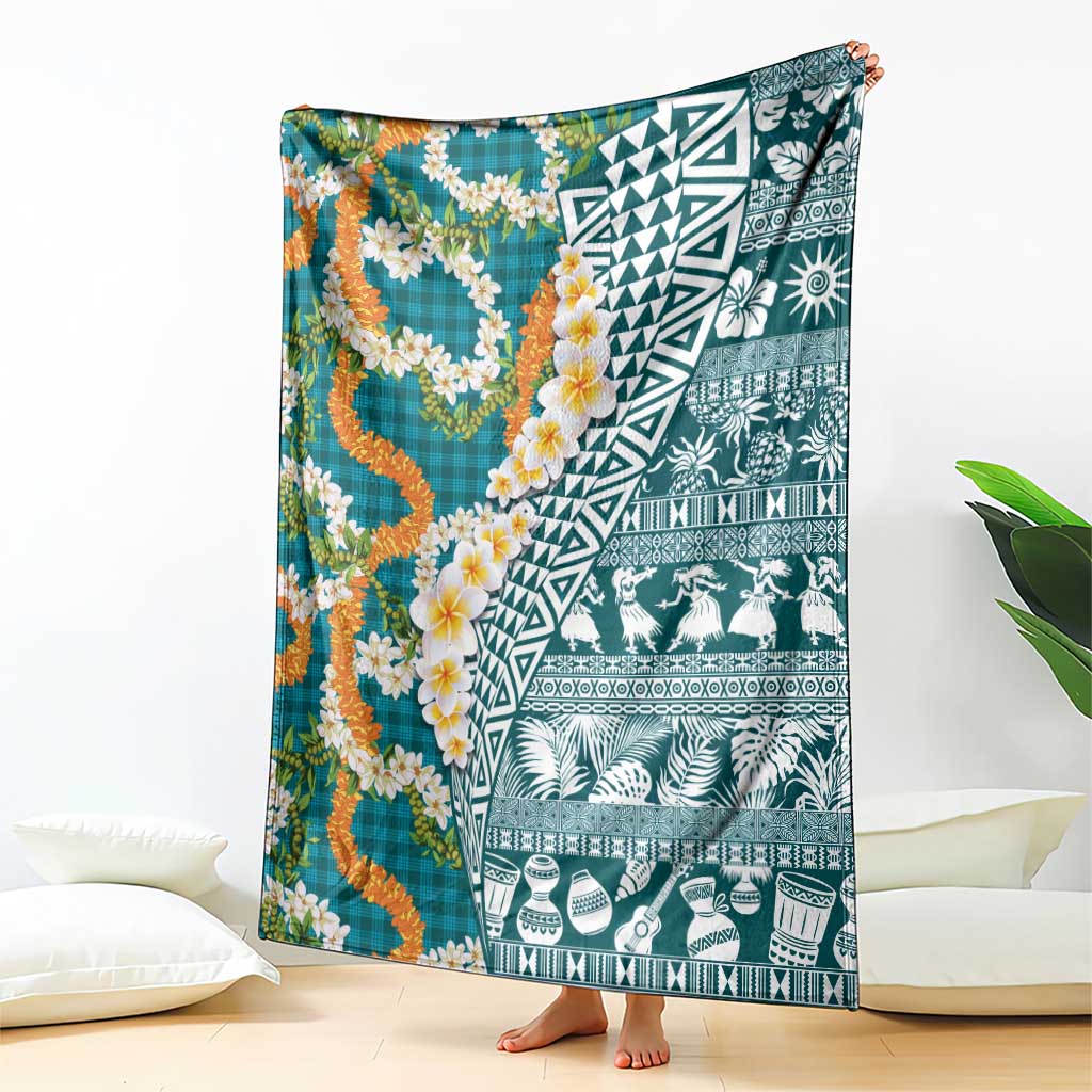 Hawaiian Plumeria Lei Blanket Kakau Motifs and Palaka Half Style Turquoise Color LT03 - Polynesian Pride