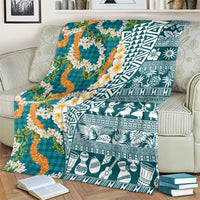 Hawaiian Plumeria Lei Blanket Kakau Motifs and Palaka Half Style Turquoise Color LT03 - Polynesian Pride