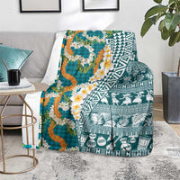 Hawaiian Plumeria Lei Blanket Kakau Motifs and Palaka Half Style Turquoise Color LT03 - Polynesian Pride