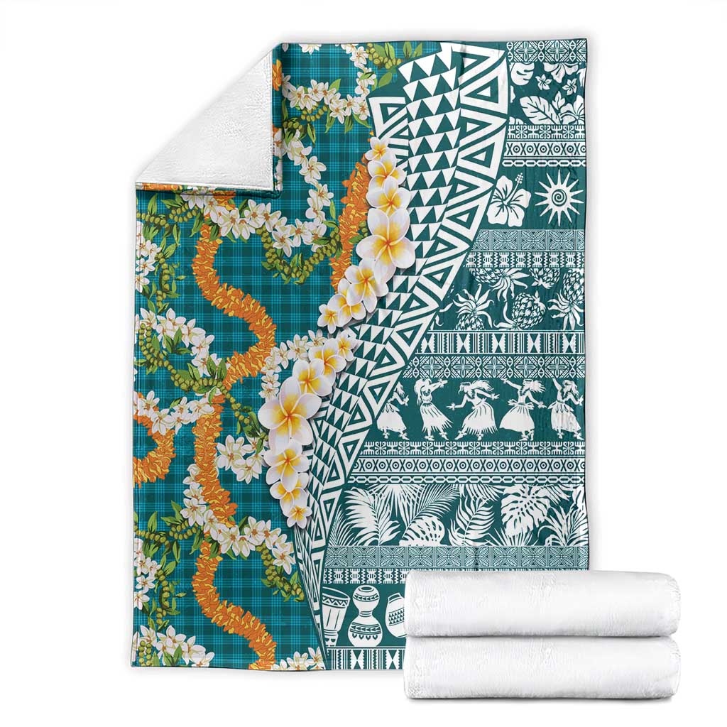 Hawaiian Plumeria Lei Blanket Kakau Motifs and Palaka Half Style Turquoise Color LT03 - Polynesian Pride