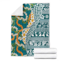 Hawaiian Plumeria Lei Blanket Kakau Motifs and Palaka Half Style Turquoise Color LT03 - Polynesian Pride