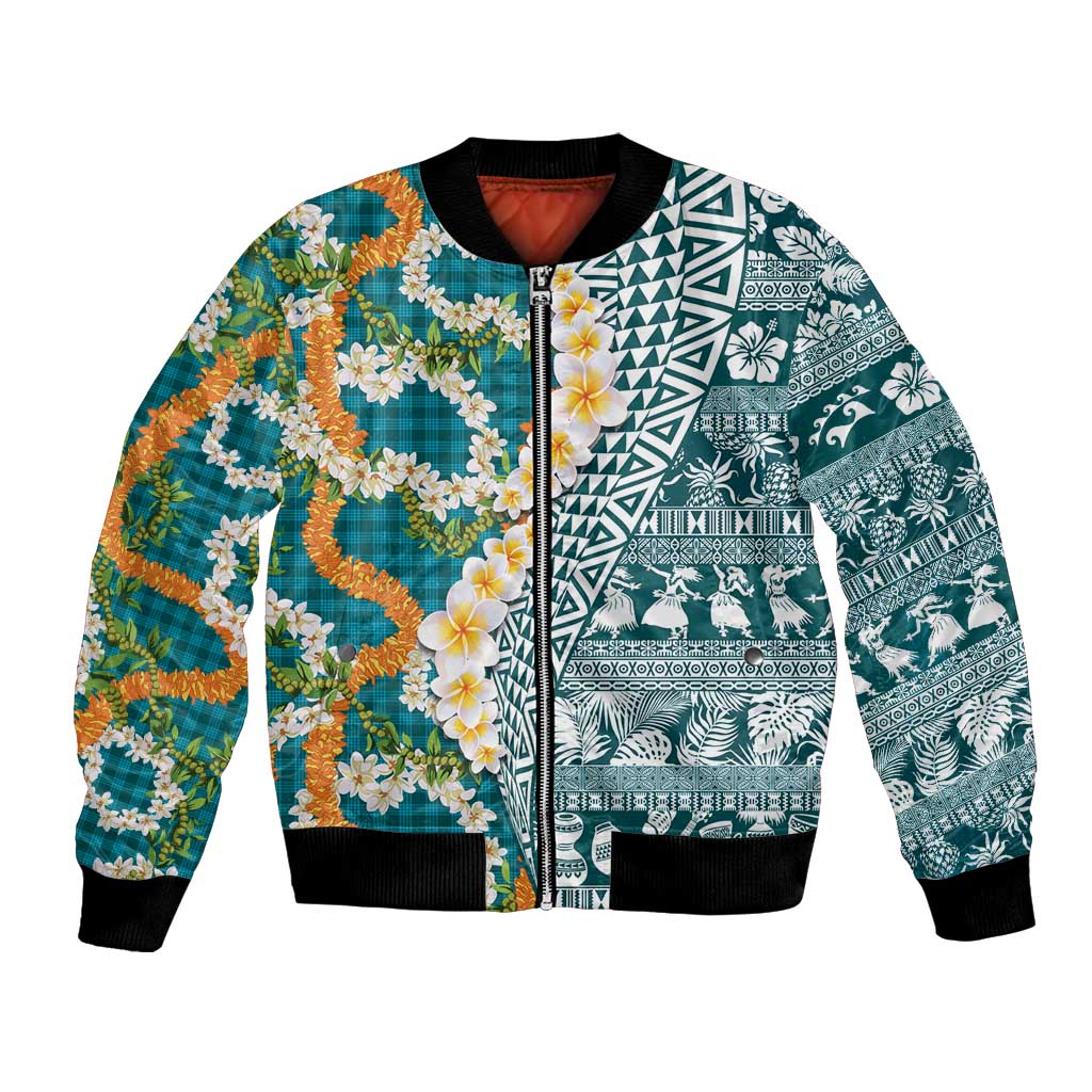 Hawaiian Plumeria Lei Bomber Jacket Kakau Motifs and Palaka Half Style Turquoise Color - Polynesian Pride