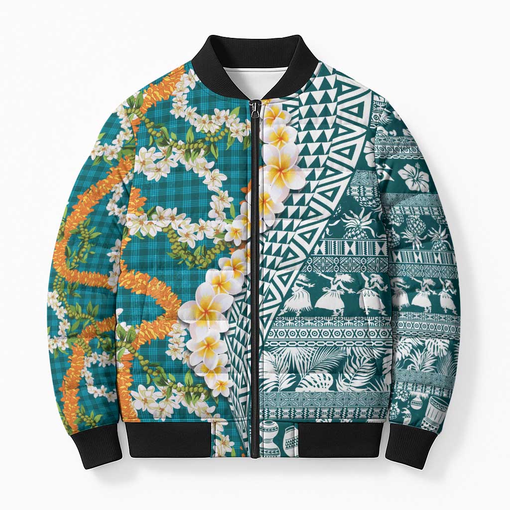 Hawaiian Plumeria Lei Bomber Puffer Jacket Kakau Motifs and Palaka Half Style Turquoise Color - Polynesian Pride